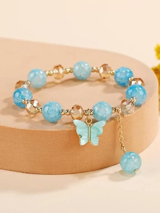 El Regalo 1 PC Butterfly Sparkly Crystal Beads Tassel Bracelet With Cute Enamel Butterfly Charms for Girls/Teens/Women (Blue)