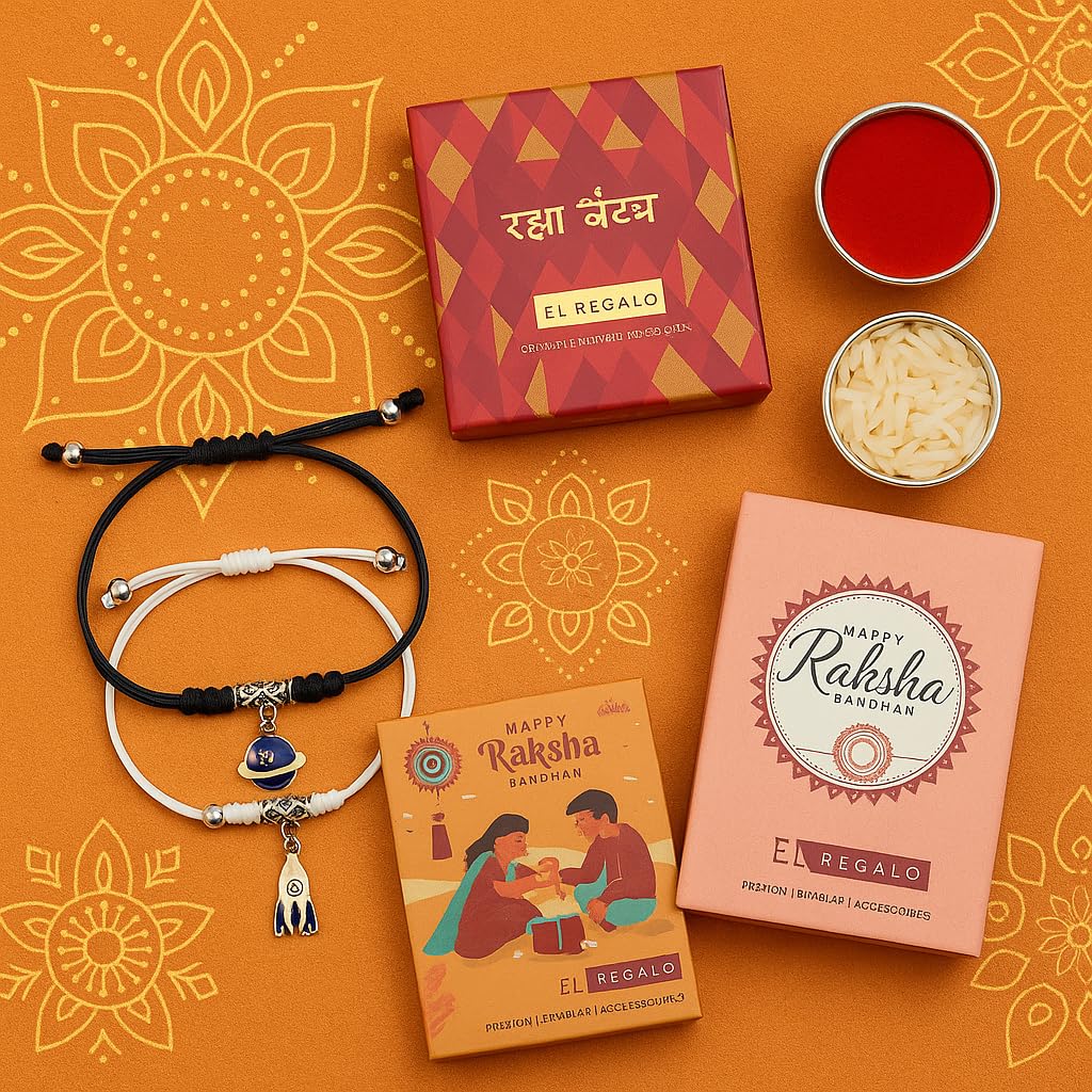 El Regalo 2PCs Kids Rakhi Combo Set for Brother- Space Theme (Planet & Rocket) Charms Bracelets with Roli Chawal, Rakhi Message Card in Rakshabandhan Box