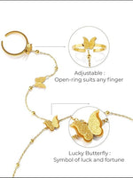 El Regalo 1PC Stainless Steel Non-Tarnish Hand Chain Bracelet with Finger Ring | Elegant & Trendy Adjustable Golden Bracelet for Women & Girls (Butterfly)