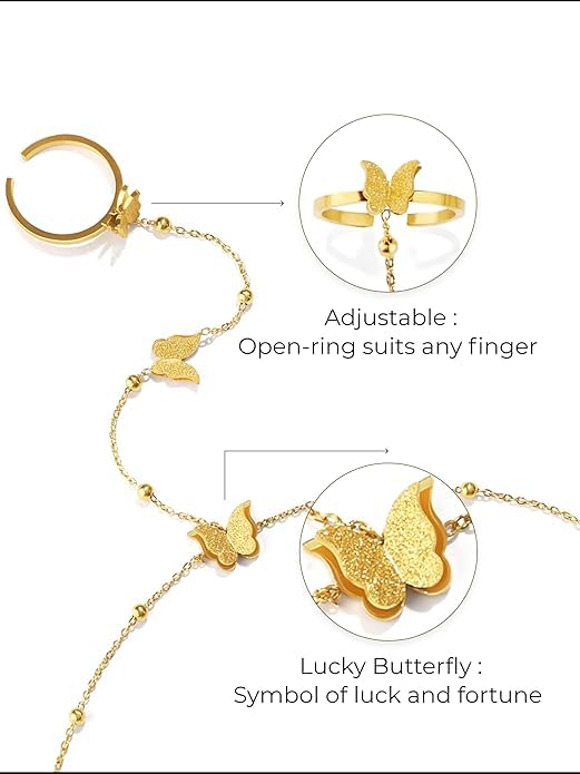 El Regalo 1PC Stainless Steel Non-Tarnish Hand Chain Bracelet with Finger Ring | Elegant & Trendy Adjustable Golden Bracelet for Women & Girls (Butterfly)