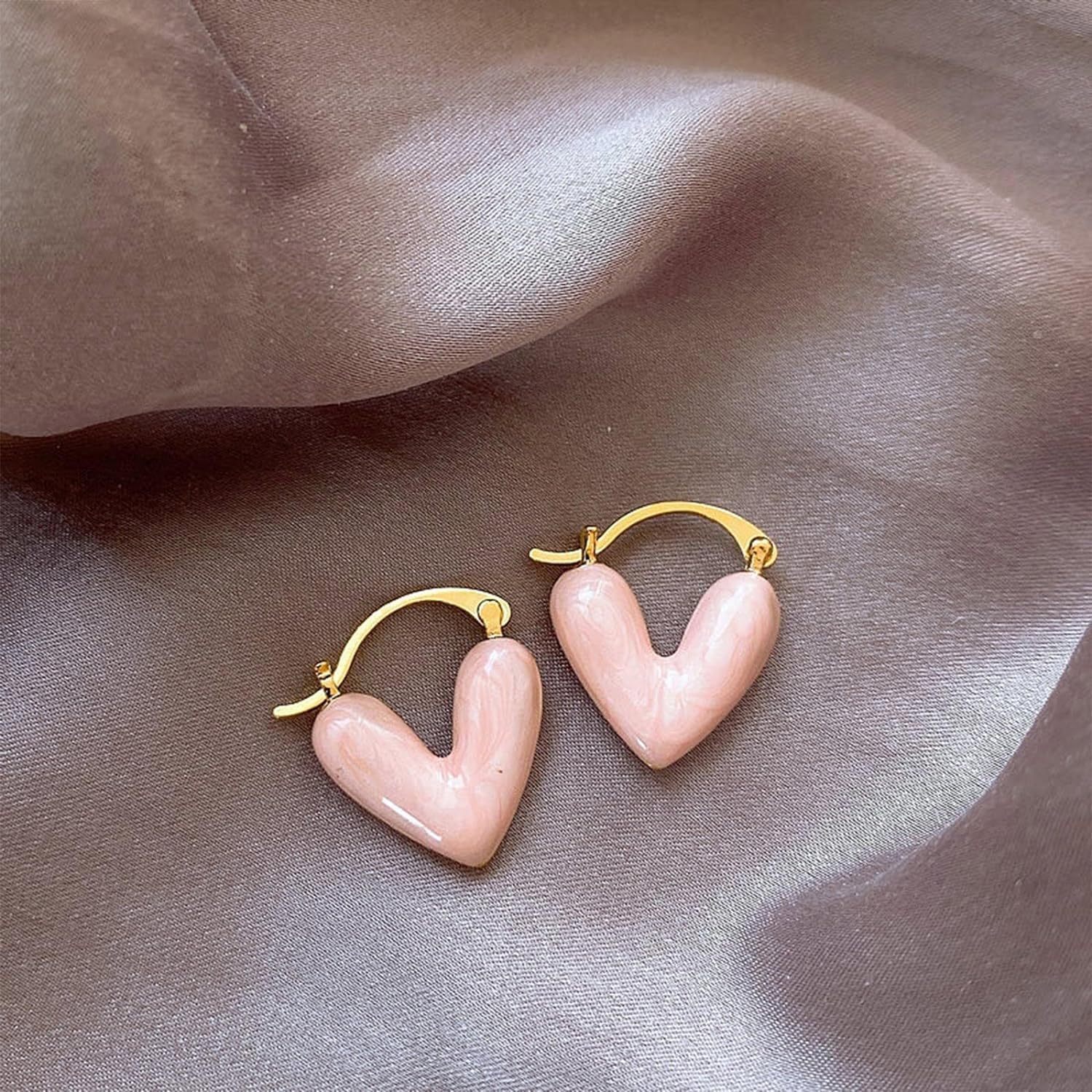 El Regalo 1Pair Love Heart Hoop Earrings- Small Oil Dripping Gold Plated Heart Earrings for Girls & Women Hoop (Pink)