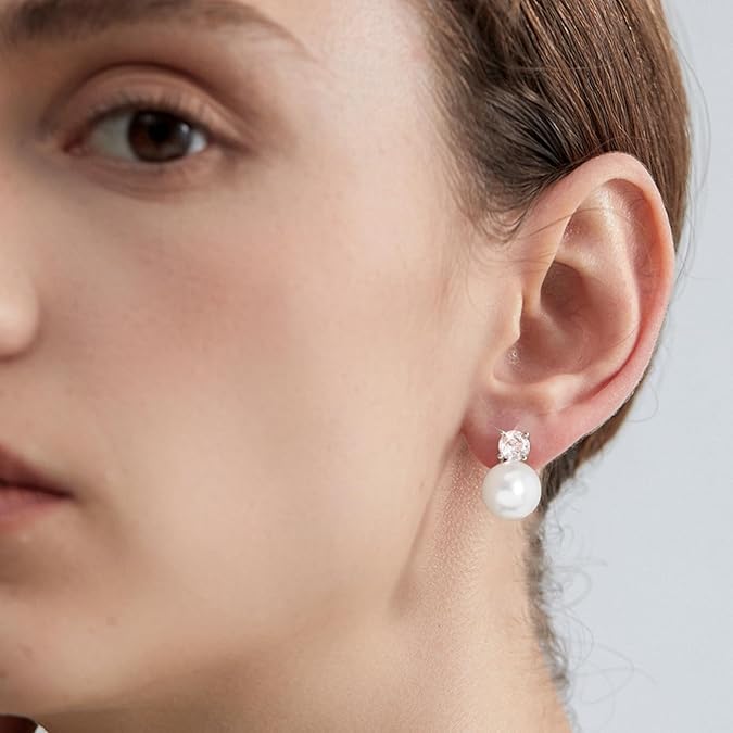 El Regalo CZ Pearl Clip-On Earrings for Women & Girls | Non-Pierced Earrings with CZ Sparkle | Elegant Clip On Pearl Earrings for Weddings, Parties & Casual Wear (Silver)