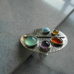 El Regalo Artistic Painter's Palette Finger Ring - Silver Plated Adjustable Ring with Multicolor Stone Cabochons - Unique Bohemian Jewelry for Women & Girls