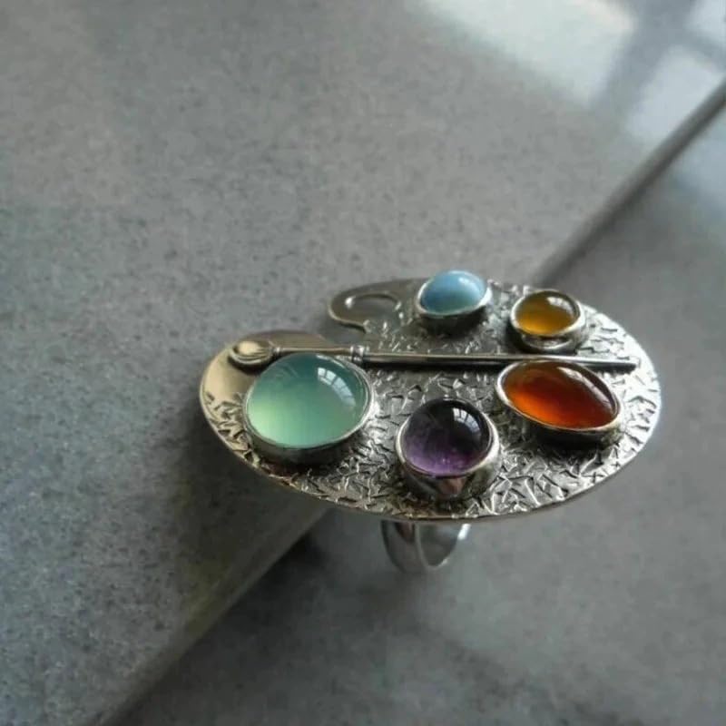 El Regalo Artistic Painter's Palette Finger Ring - Silver Plated Adjustable Ring with Multicolor Stone Cabochons - Unique Bohemian Jewelry for Women & Girls