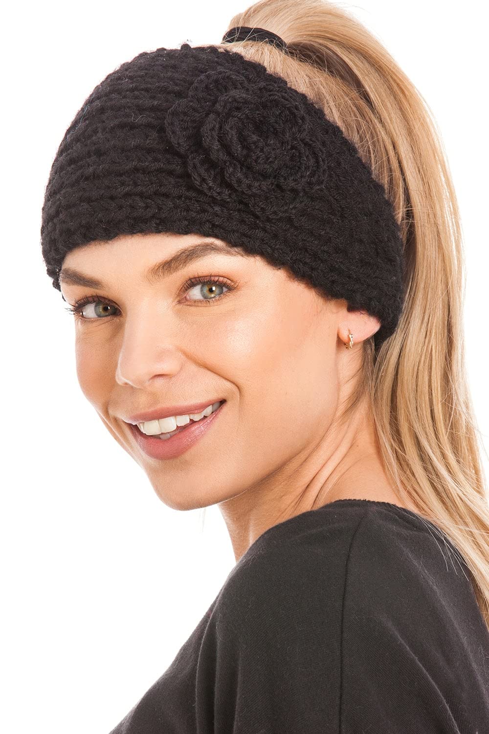 El Regalo 2 PCs Knitted Flower Warm Winter Woolen Headband with Buttons for Face Mask Cover | Cold Weather Hair Accessories Head Wrap | Winter Headbands for Girls & Women (Pack of 2) (Red & Black)