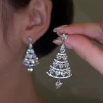 El Regalo CZ Dangling Christmas Tree Stud Earrings for Women & Girls- Rhinestone In-Laid Christmas Tree Dangle Earrings (Silver)