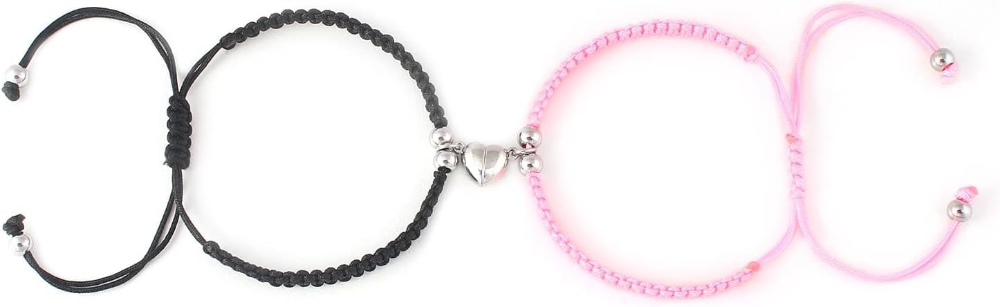 El Regalo 2Pcs Bff Best Friend Magnetic Heart Couple Bracelet Set For Couples/Best Friends/Besties/Lovers For Unisex Adult (Pink & Black Heart)