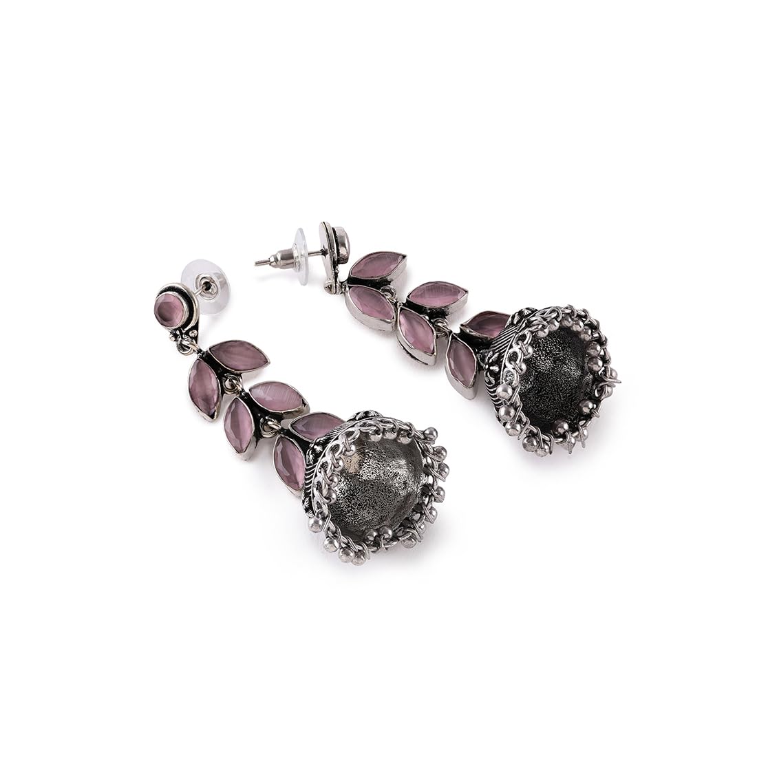 El Regalo Elegant Oxidized Stones Leaves Brass Jhumka Earrings- Silver Lookalike Ethnic Long Jhumki Earrings for Women Girls (Pink)