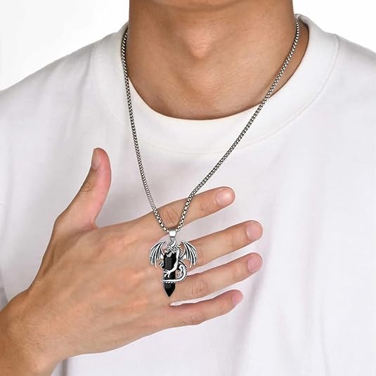 El Regalo Goth Gothic Viking Dragon Crystal Pendant Necklace for Men & Boys | Dragon Wing Necklace | Punk Biker Fantasy Statement Jewelry (Black)
