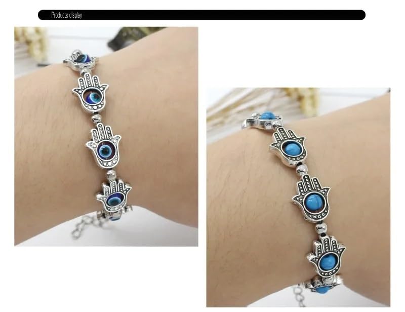 El Regalo Evil Eye Hamsa Hand Turquoise Green Beads Bracelet for Girls & Women- Antique Finish Hamsa Hand Sleek Bracelet (1 Blue + 1 Green beads)