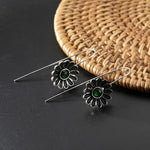 El Regalo Women's & Girl's Vintage Bohemian Style Green Rhinestone Flower Hook Earrings- Elegant Pastoral Style Floral Earrings in Antique Silver Finish