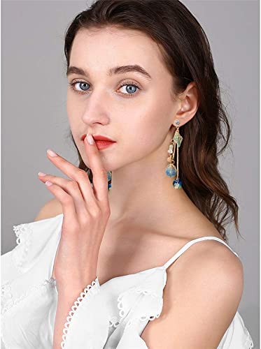 El Regalo Ocean Blue Tassel Shell Dangle Earrings - Chandelier Sparkly Bohemia Shine Rhinestone Scallop Beach Earrings for Women Girls