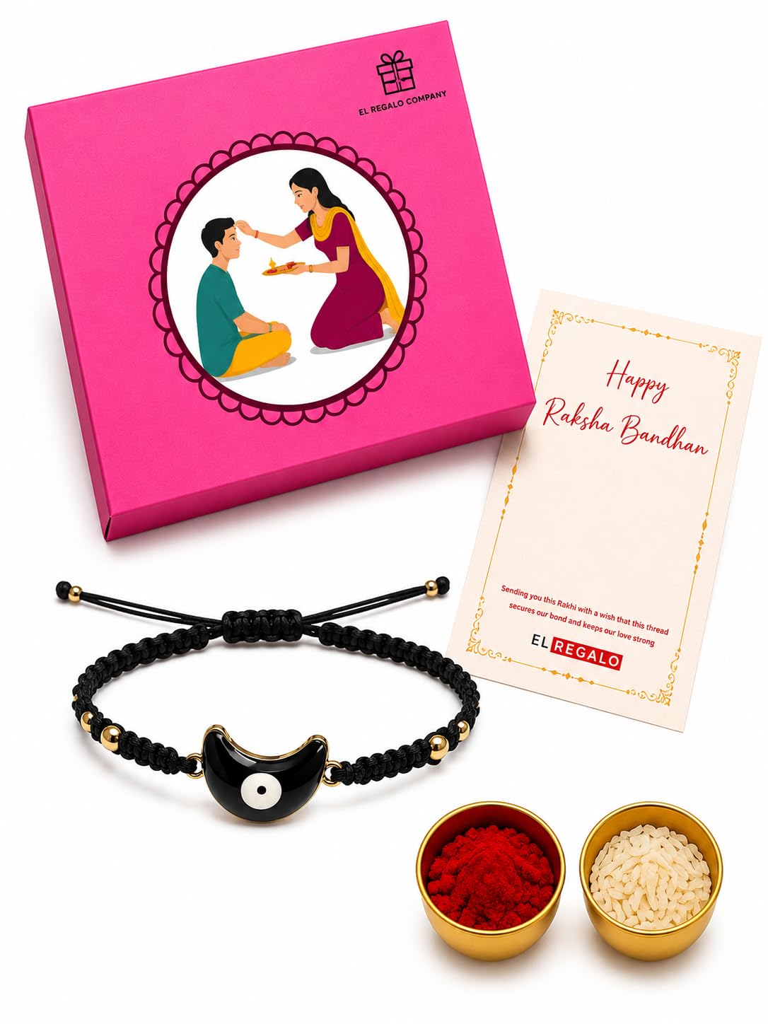 El Regalo Crescent Moon Evil Eye Bracelet Rakhi for Brother with Roli Chawal in Gift Box (Moon Evil Eye- Black)