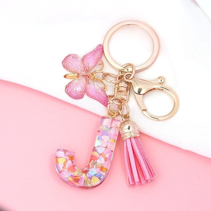 El Regalo Personalized Name Initials Butterfly Charm Keychain - Custom Letter Keyring with Pink Tassel & Butterfly Pendant, Purse, Bag, Backpack Accessory (J Letter)