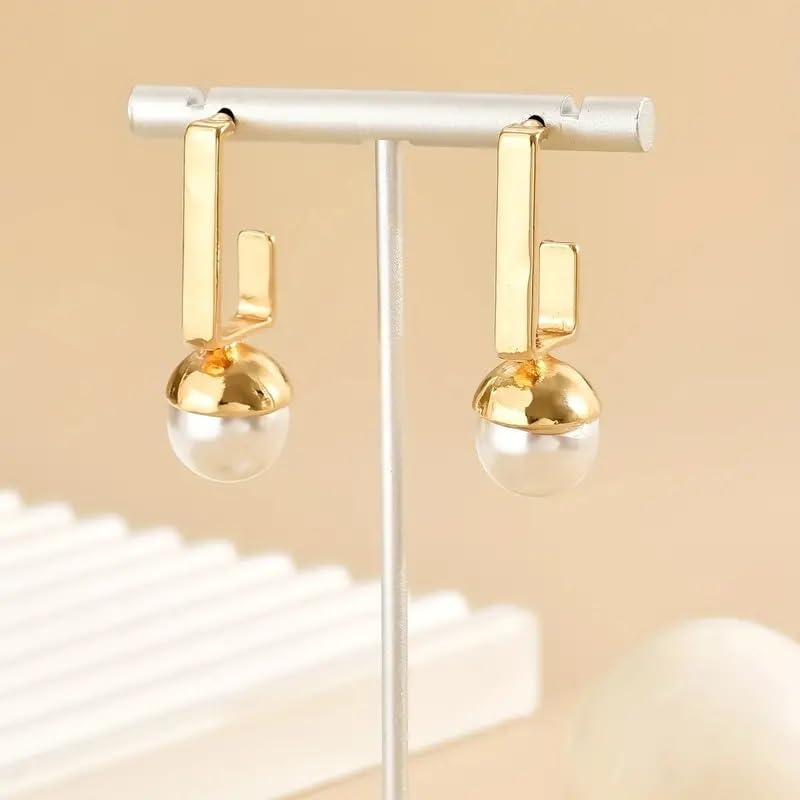 El Regalo Vintage Style Geometric Gold Plated Pearl Half Hoop Stud Earrings- Geometric Inlaid Pearl Hoop Stud U-shaped Luxury Designer Earrings for Women Girls