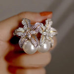 El Regalo Womens Gorgeous Flower Imitation Pearl Earrings- Vintage, Elegant Flower Pearl Inlaid Sparkling CZ Stone Fashion Wedding Jewelry