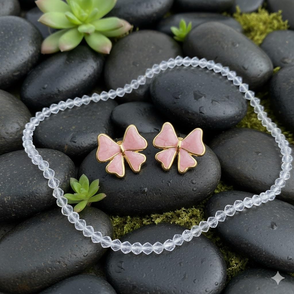 El Regalo 1Pair Stainless Steel Anti-Tarnish Pink Enamel Earrings for Girls & Women | Trendy & Cute Leaf, Bow, Ribbon, Strawberry & Butterfly Stud Earrings (Bow stud)