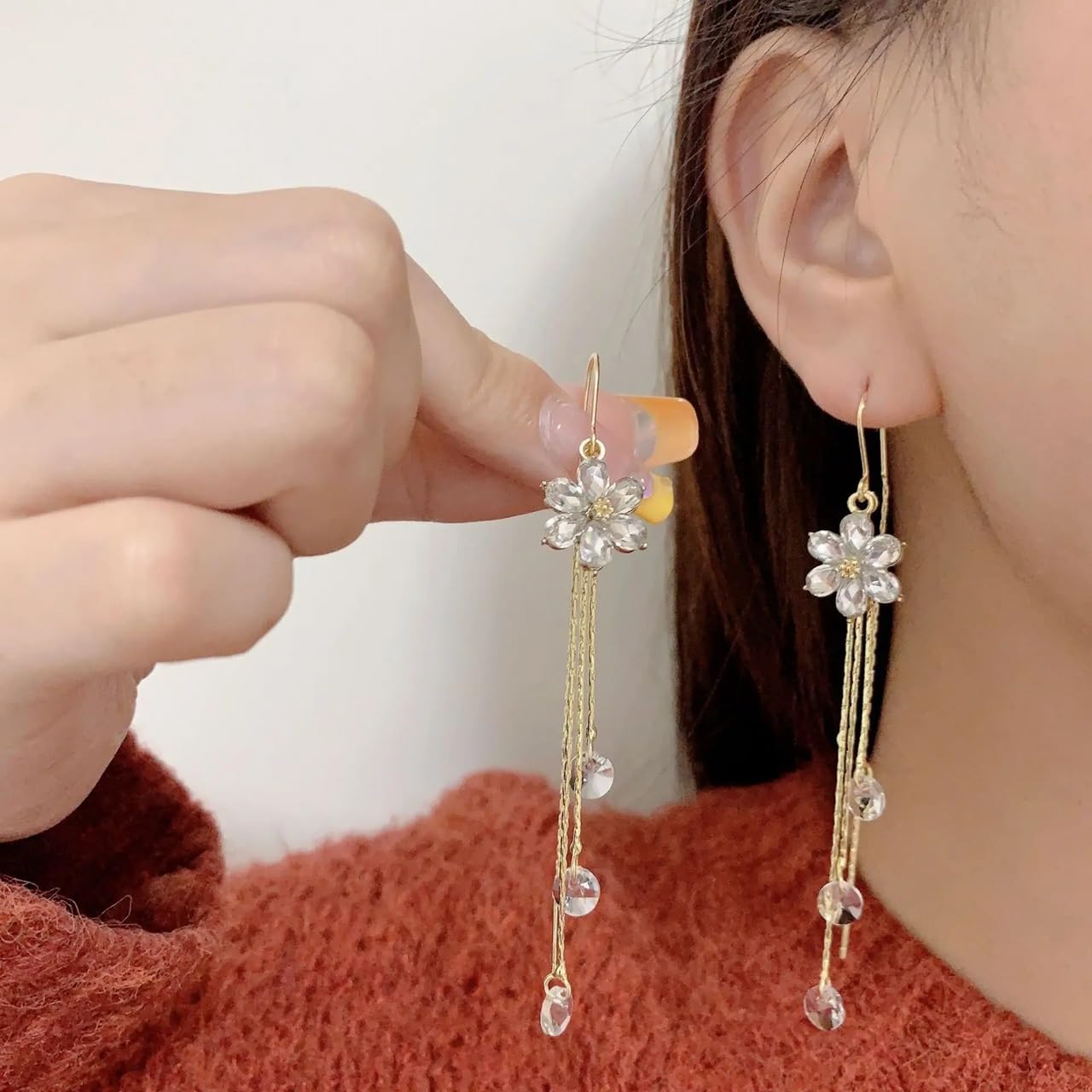 El Regalo 925 Silver Plated Flower Threader Earrings- Needle Threader Long Tassel Earrings for Girls & Women (Golden Flower)