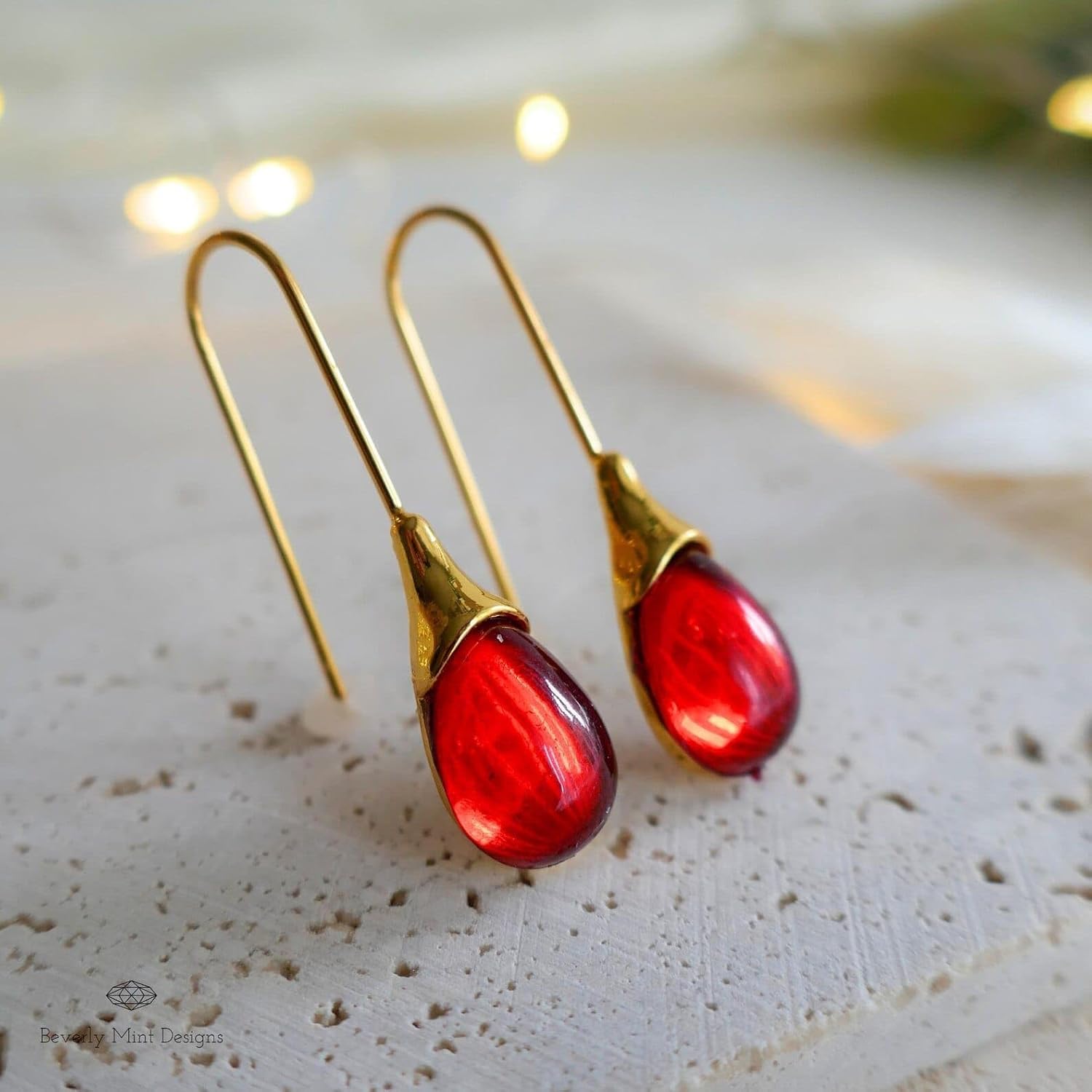 El Regalo Beverly Mint Designs Minimalist Teardrop Drop Earrings for Women & Girls - Classy Pastel Glass Stone Dangle Hooks for Western & Indo-Western Outfits (Garnet Red)