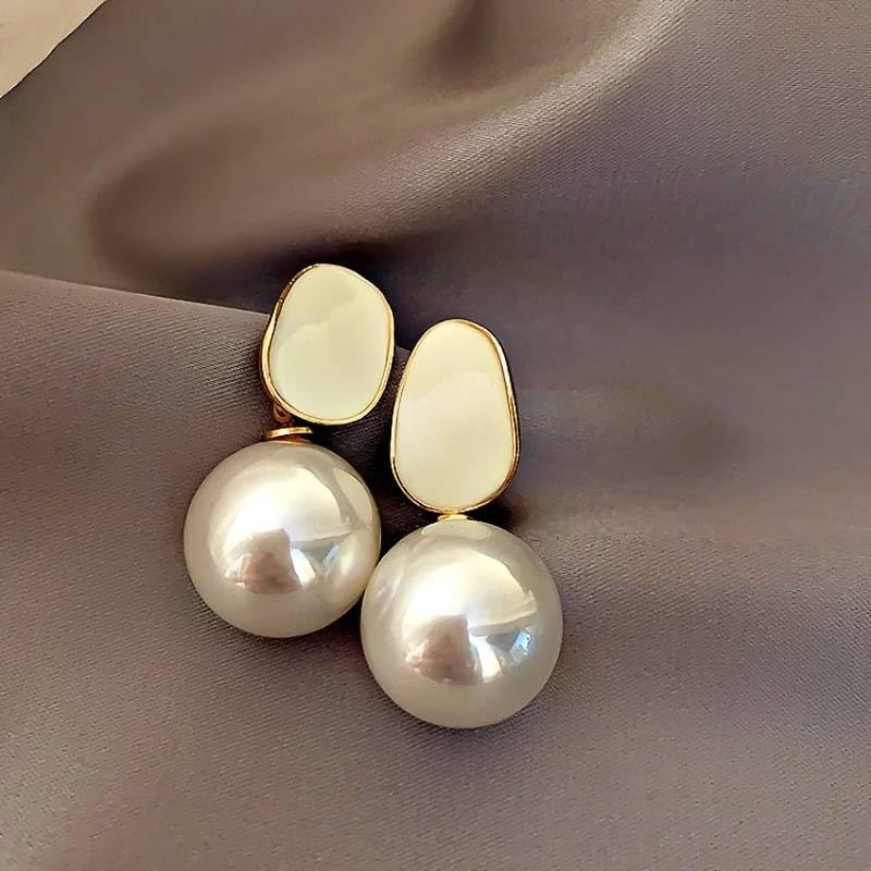 EL Regalo 1 Pair Glossy Pearl Stud Earrings for Girls & Women- Pearl Statement Earrings (White)