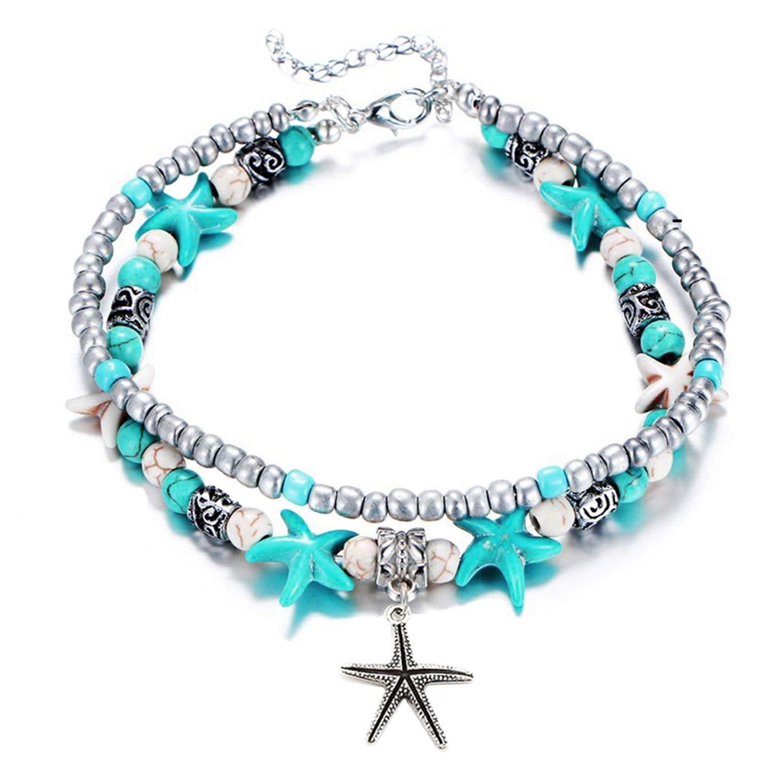 El Regalo Antique Silver Tone Multi Layer Turquoise Beach Beaded Bohemian Fashion Charm Anklets for Women & Girls (Star Charm)