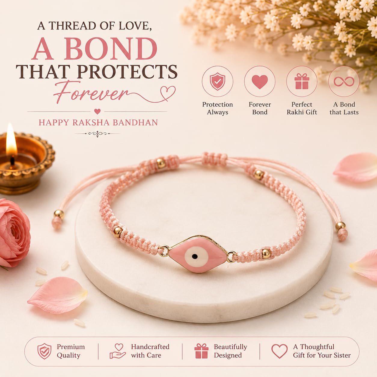 El Regalo Evil Eye Bracelet Rakhi for Brother with Roli Chawal in Gift Box (Pink)