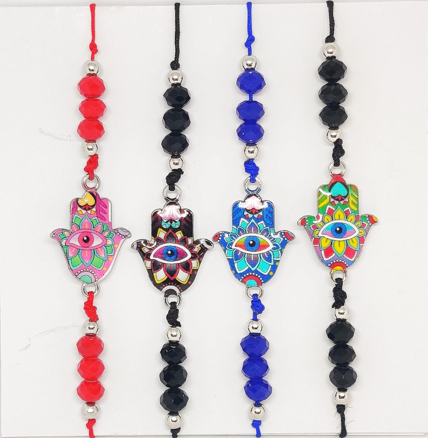 El Regalo Set of 4 Hamsa Hand Rakhi for bhaiya Bhabhi - Hand Painted Hamsa Hand Rakhi for Brother Bhai Bhabhi Bhaiya - Hamsa Nazar Amulet Thread Rakhis for Kids and Adults Unisex (Option2)