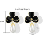 El Regalo Cute Orchid Flower Teardrop Pearl Earrings- 14K Gold Plated Pearl Earrings for Women | Floral Enamel drop Ball Earrings (Black)