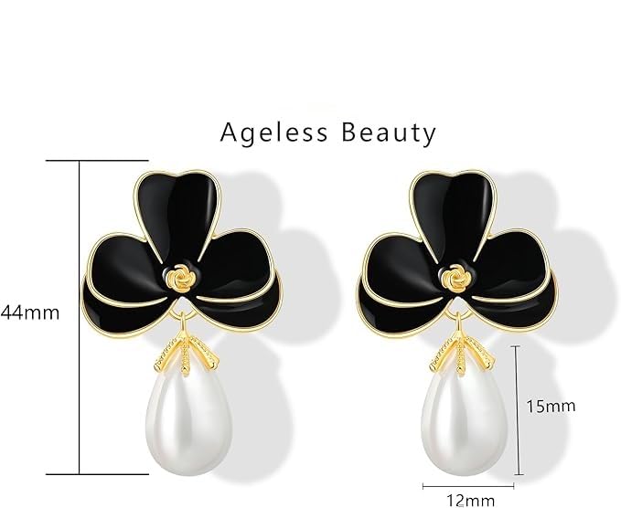 El Regalo Cute Orchid Flower Teardrop Pearl Earrings- 14K Gold Plated Pearl Earrings for Women | Floral Enamel drop Ball Earrings (Black)