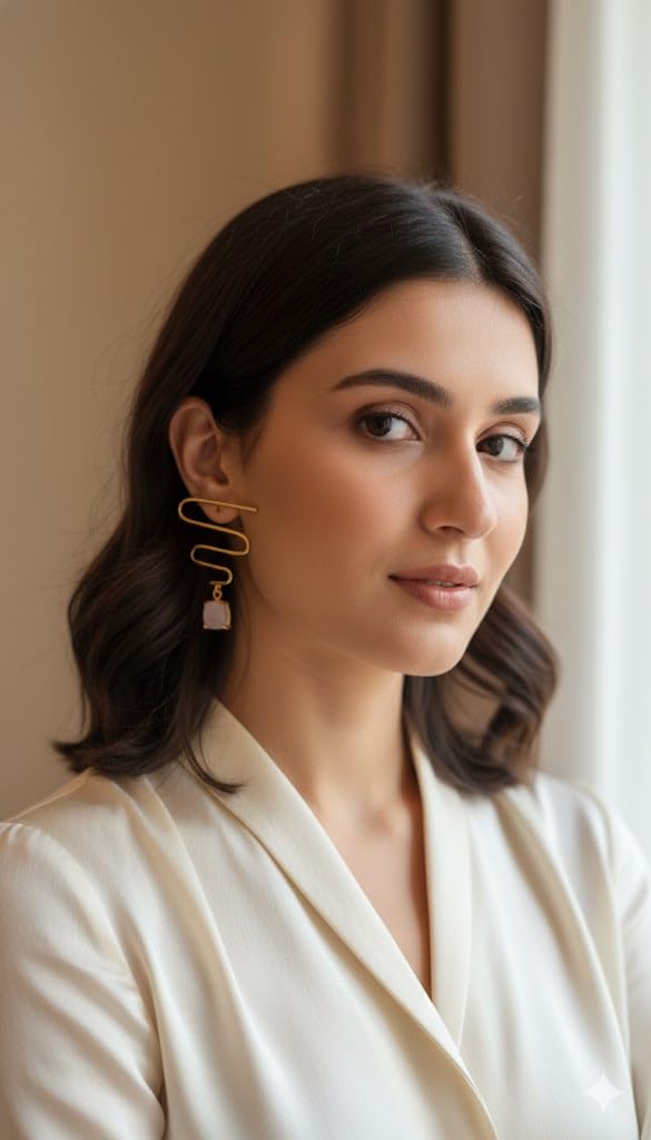 El Regalo Modern Zigzag Brass Statement Drop Earrings for Women & Girls - Contemporary Geometric Handmade Jewelry with Rectangle Stones Drops - Studs for For Western & Ethnic Wear (Rose Pink)
