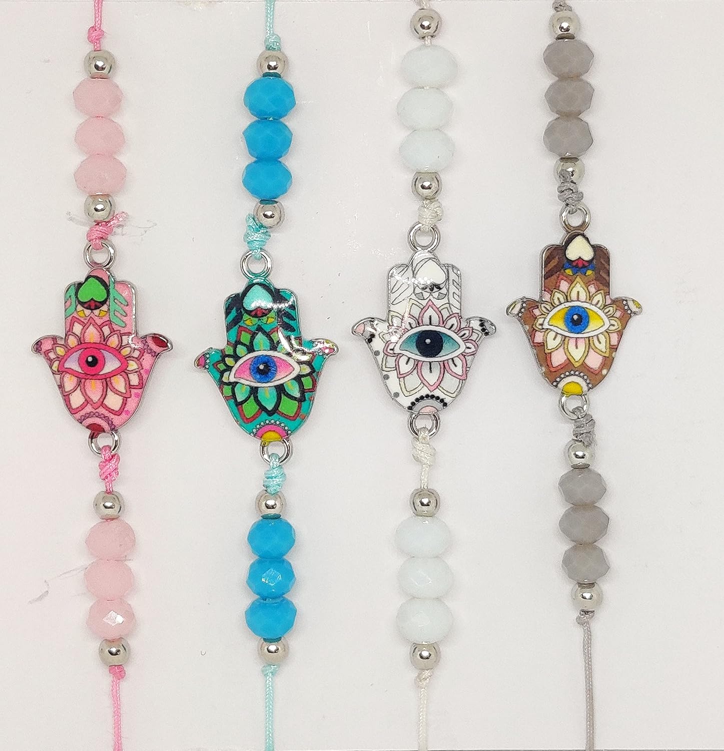 El Regalo Set of 4 Hamsa Hand Rakhi for bhaiya Bhabhi - Hand Painted Hamsa Hand Rakhi for Brother Bhai Bhabhi Bhaiya - Hamsa Nazar Amulet Thread Rakhis for kids and Adults Unisex (Option3)
