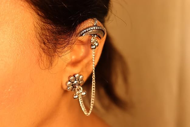 El Regalo Ethnic Oxidized Floral-Crescent Moon Ear Cuffs - Handmade Silver Lookalike Ghunghru Earrings with Ear Clips for Women & Girls - Antique Brass Earrings with Chain Connection