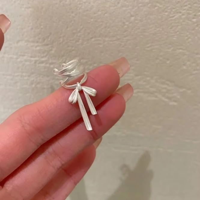 El Regalo Fashionable & Elegant Silver Matt Finish Ear Cuffs for Non Piercing Earrings- Ballet Hollow Cross Ribbon Ear Clips for Girls, Trendy Versatile Clip On Cuff Earrings for Girls & Women
