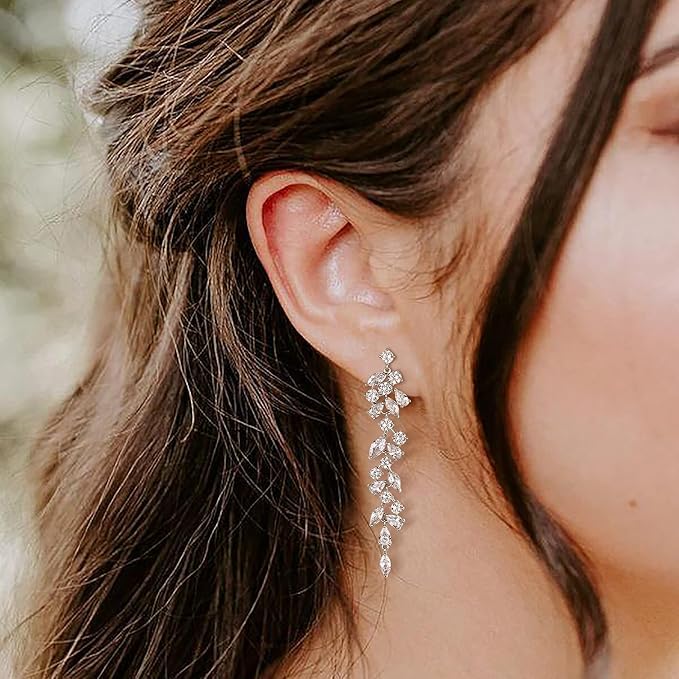 El Regalo Womens Leaf Cubic Zirconia Bridal Earrings for Wedding- Teardrop Crystal Chandelier Dangle Earrings - Flower Vine Diamond Drop Earrings