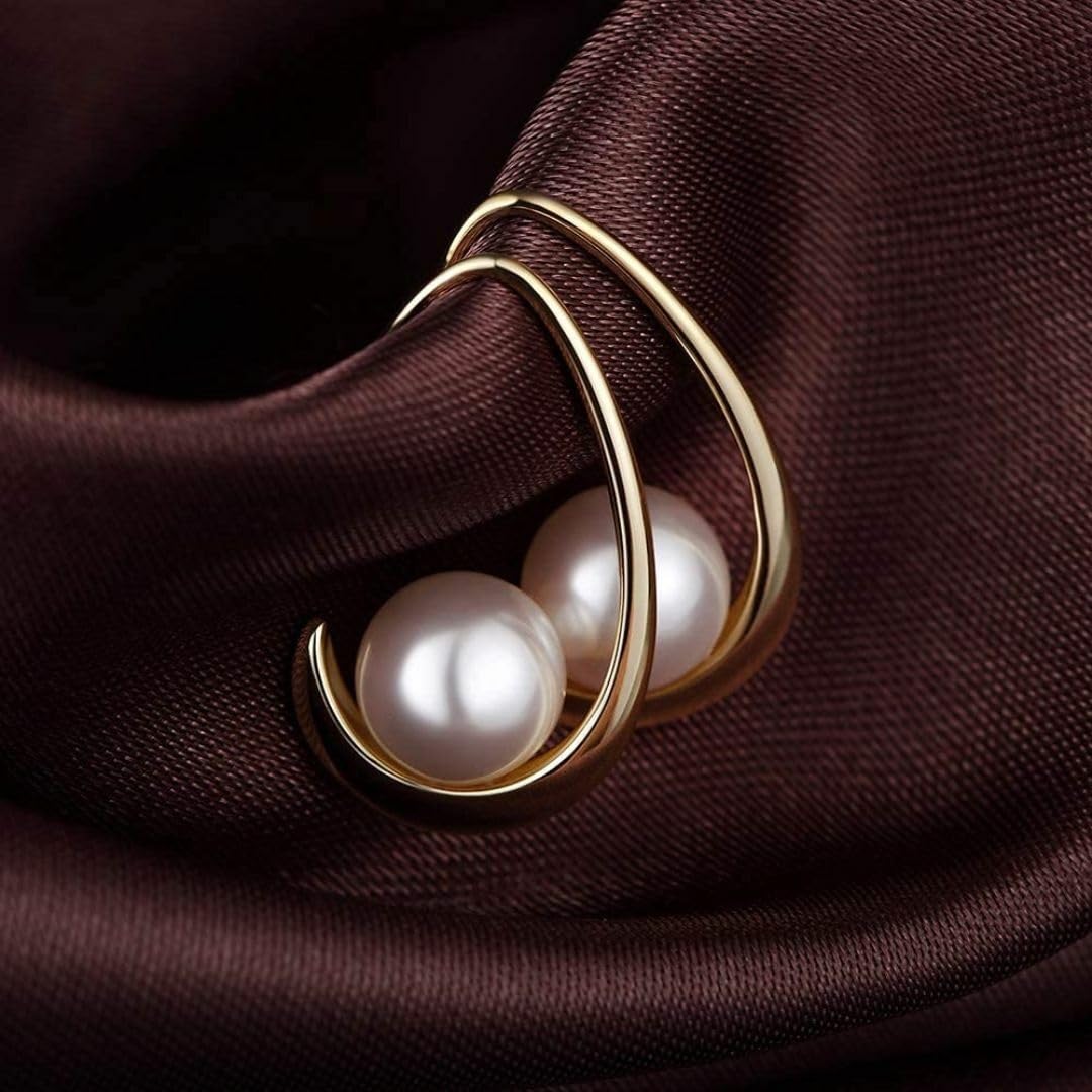 El Regalo Retro Chunky C Shaped Pearl Earrings | Open Waterdrop Hoop Earrings for Women & Girls - Fashionable, Elegant, Timeless Silver & Gold Design (Gold)