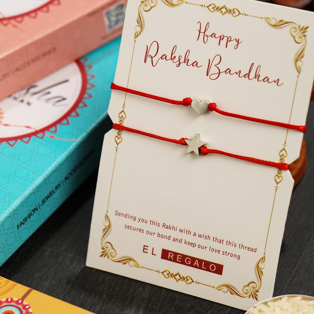 El Regalo 2PCs Red & Black String of Fate Bracelet Rakhi for Protection & Good Luck- 2Rakhis for Brother with Roli Chawal in Gift Box (Baby/Kids/Teens/Adults) (Heart Rakhis)