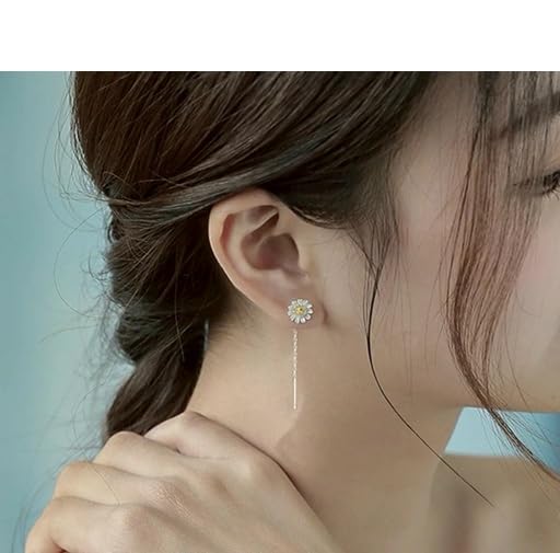 El Regalo Minimalist Flower Threader Earrings for Women & Girls | Cute Tiny Floral Chain Drop Earrings | Modern Style Dainty Long Tassel Earrings (Daisy Silver)
