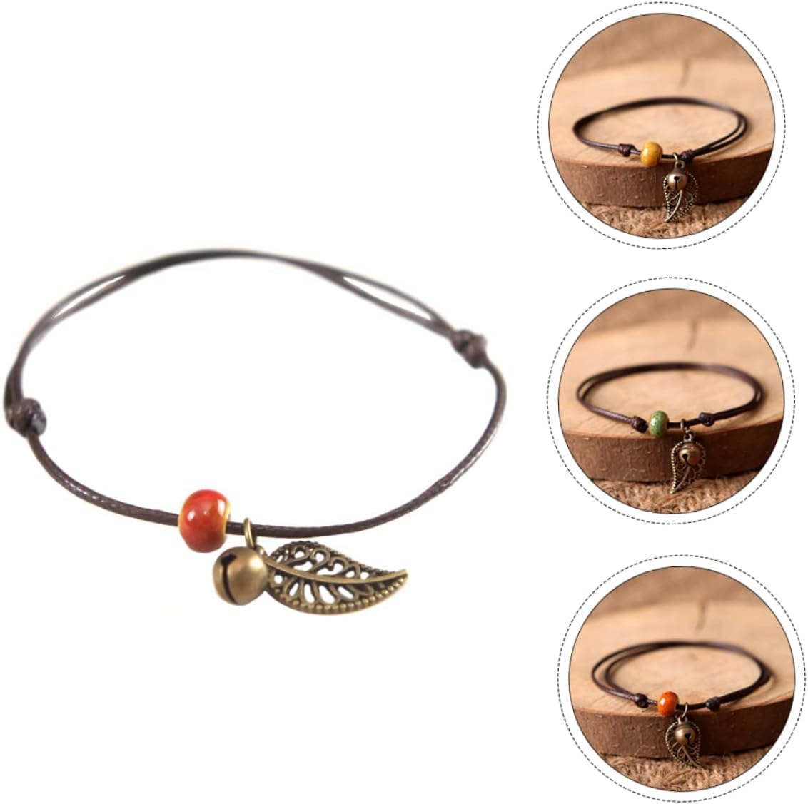 El Regalo 1 Leg Anklet- Retro Bohemian Ceramic Bead Decor Hollow Bell & Leaf Charm Bracelet/Anklet for Girls & Women (Red)