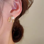 El Regalo Gold Plated Pearl Claw Ear Zircon Cuff Stud Earrings- Fancy Korean Temperament Pearl Zircon Stud Earrings for Girls/Women