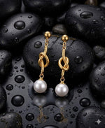El Regalo Elegant 18K Gold Plated Stainless Steel Drop Earrings for Women & Girls | Tarnish-Free, Waterproof, Hypoallergenic Statement Fancy Western Earring Collection | Variations: Bow, Moon & Star, Starfish, Knot | For Office, Party & Gifting (Pearl Kno