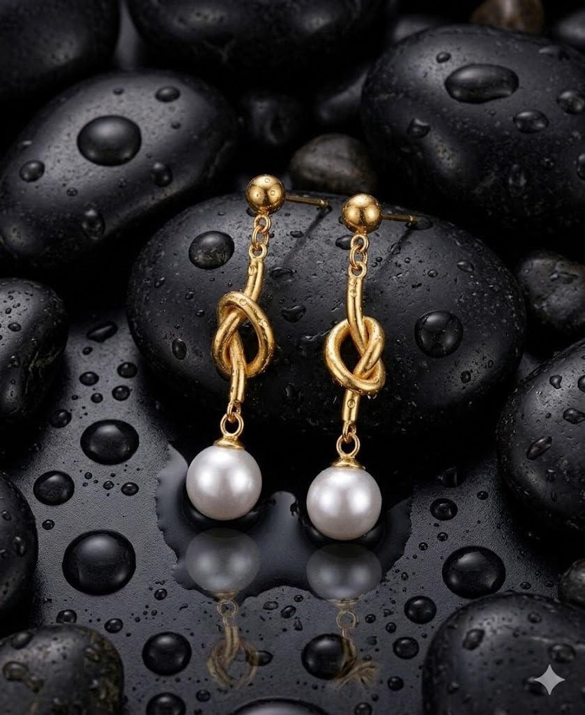 El Regalo Elegant 18K Gold Plated Stainless Steel Drop Earrings for Women & Girls | Tarnish-Free, Waterproof, Hypoallergenic Statement Fancy Western Earring Collection | Variations: Bow, Moon & Star, Starfish, Knot | For Office, Party & Gifting (Pearl Kno