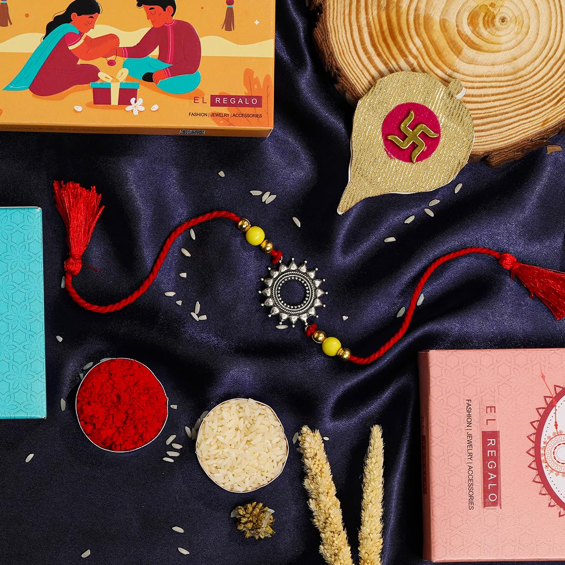 El Regalo 1PC Designer Red Thread Antique Stone Rakhi for Brother- Minimalist Antique Charm Rakhi with Roli Chawal, Rakhi Message Card in Rakhi Gift Box (Red Green)