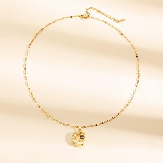El Regalo Crescent Moon Projection Necklace for Women & Girls - I Love You in 100 Languages - Golden Titanium Steel & Copper - Romantic, Minimalist Unisex Necklace
