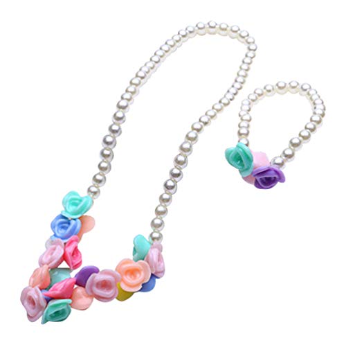 El Regalo 3 PCs Kids Pearl Hairband, Flower Pearl Necklace & Bracelet Set for Girls, Kids Jewelry Set with Necklace, Bracelet & Hairband