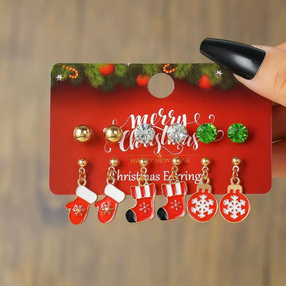 El Regalo 6 Pairs of Cute Christmas Earrings Set for Girls & Women- Xmas Charms Earrings with Tree, Santa, Snowman, Reindeer, Stars charms Stud & Dangle Earrings, Holiday & Secret Santa Gifts (Xmas Style-5)