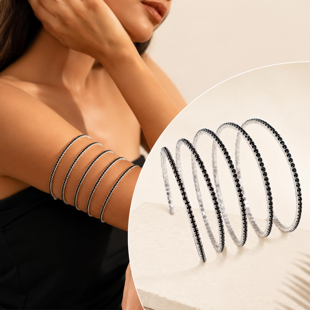 El Regalo Premium CZ Studded Layered Flexible Bracelet Cum Armlet for Women & Girls | Fancy Western Spiral Wrap Bracelet | Adjustable Crystal Stone Arm Cuff Bangle | Party, Wedding & Western Jewellery (Black-Silver)
