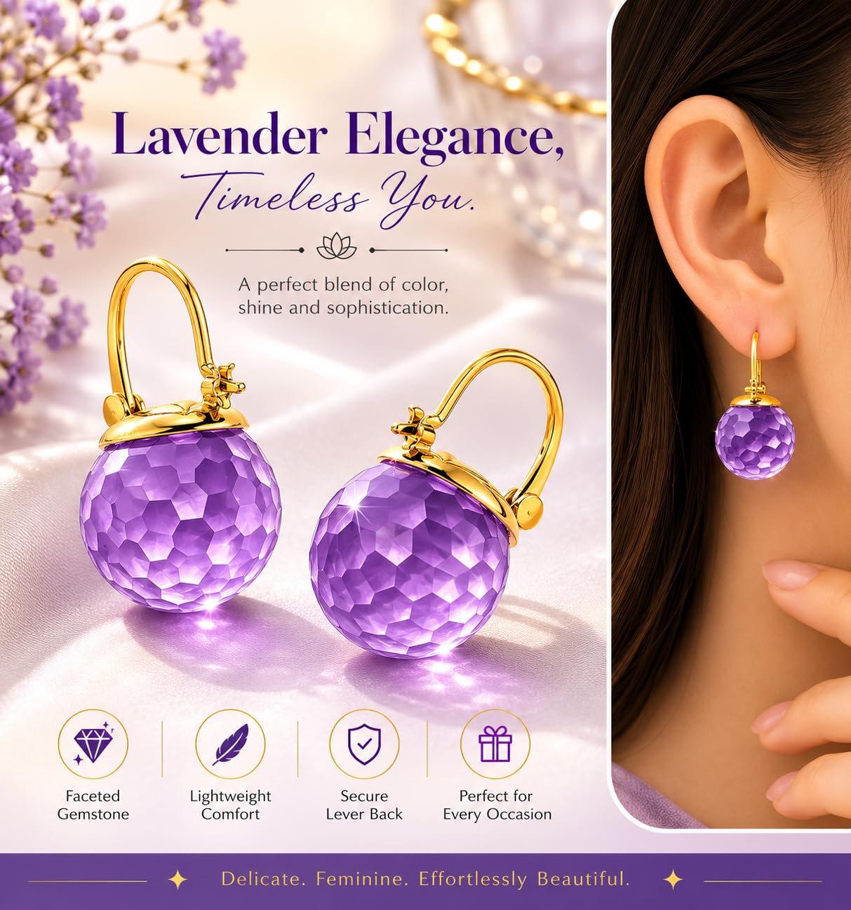 El Regalo Elegant & Graceful Aquamarine Austrian Crystal Earrings for Girls & Women- Sparkly Austrian Crystal Disco Ball Earrings (Misty Purple)