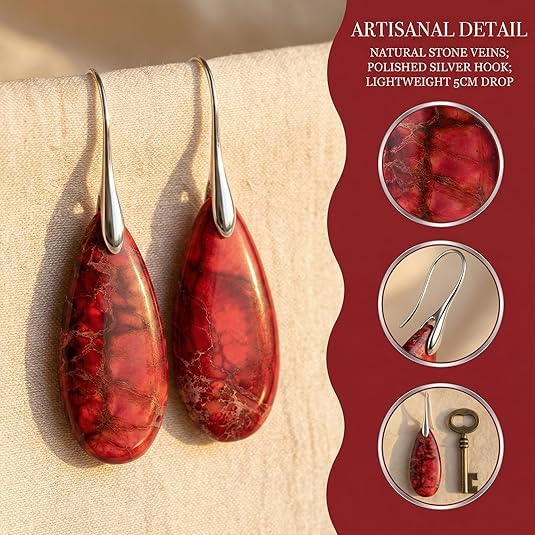 El Regalo Elegant Natural Stone Drop Earrings for Women | Vintage Teardrop Boho Dangle Earrings | Anti-Tarnish Western Statement Jewellery for Girls & Women (Red Silver)