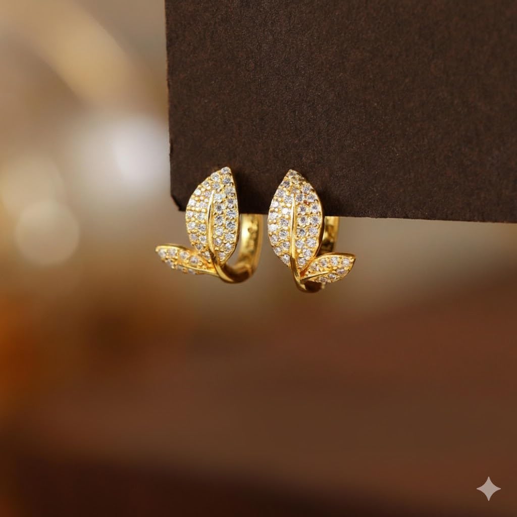 El Regalo Dainty CZ Crystal Leaf Huggie Hoop Earrings for Women & Girls - Cute & Sparkling American Diamond Marquise Leaf Bali Earrings (Gold)
