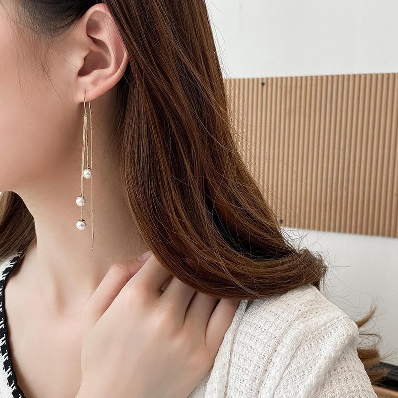 El Regalo Modern Sui Dhaga Threader Earrings for Women - Minimalist Long Pull Through Chain Earrings - Light Dangle Needle Threaders for Multiple Piercings, Sensitive Ears (Pearls Threader)